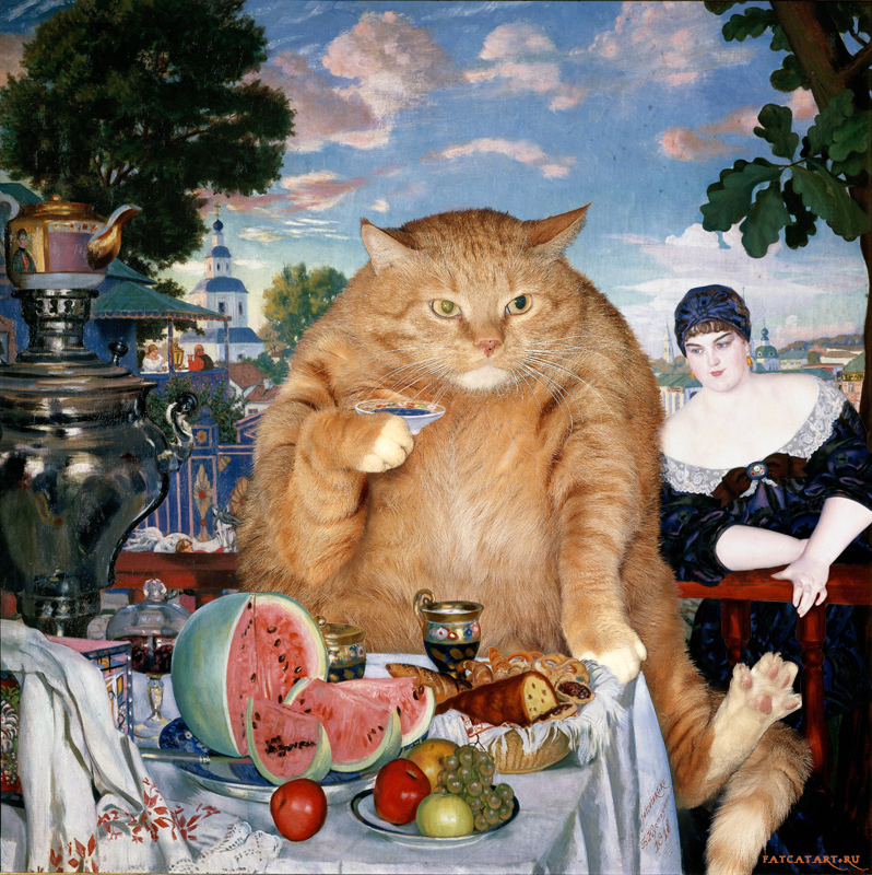 Kustodiev_Boris_-_Merchants_Wife_at_Tea_-cat-w